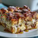 Layers of cinnamon-soaked bread, ham, turkey, and Swiss cheese create a savory-sweet slice of brunch perfection.