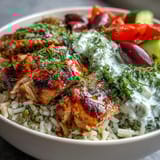 A vibrant Greek Chicken Bowl with fresh dill garnish and bright lemon wedges ready to serve.