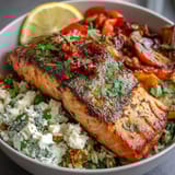 Pan-seared salmon fillet with crispy rice, fresh cilantro, and sun-dried tomatoes in a Mediterranean Salmon Bowl.