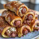 Golden crescent roll dough wraps around mini hot dogs, baked to perfection for a fun, bite-sized snack.  