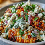 Creamy, tangy street corn salad featuring a zesty lime dressing and cotija cheese.