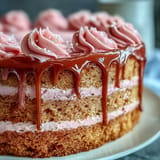 A gorgeous Bridal Shower Rosé Velvet Cake with gold drip, elegantly frosted.