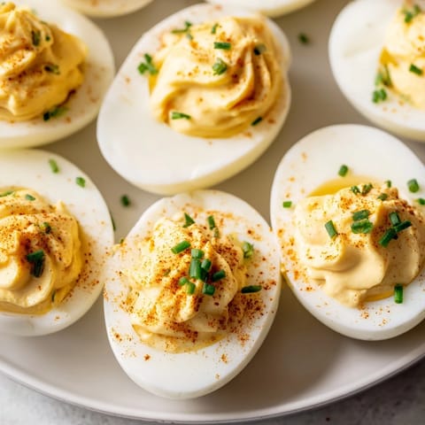 Perfect for a backyard barbecue, these classic appetizers are arranged neatly with a sprinkle of smoky paprika topping the smooth yolk mixture.