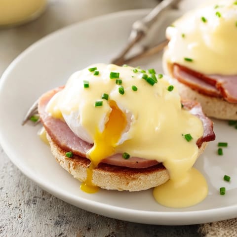 Perfectly poached Eggs Benedict served hot, drizzled with rich hollandaise and garnished with fresh chives on a white plate.