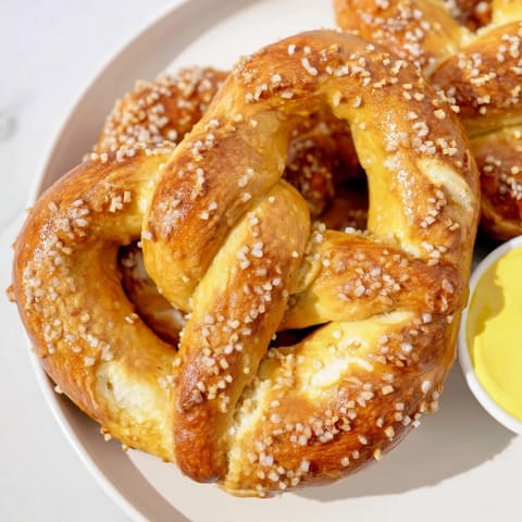 Golden-brown twisted Soft Pretzels on a wooden board, sprinkled with coarse salt and served with a small bowl of spicy mustard.