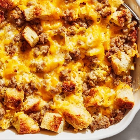 A slice of hearty Breakfast Sausage Casserole served on a plate with fresh fruit for a classic American brunch.