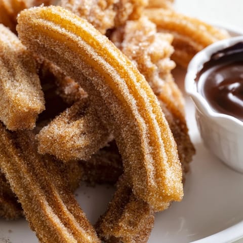 Crispy cinnamon-sugar churros stacked on parchment paper next to a creamy chocolate sauce in a white ramekin. 