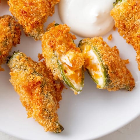 Crumb-coated Jalapeño Poppers sit on a platter beside creamy ranch, highlighting their spicy, bubbly cheese centers.
