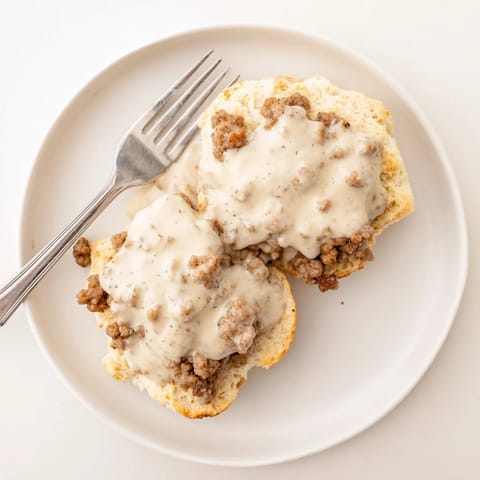 Hearty Southern biscuits and gravy, a comforting breakfast with savory sausage.