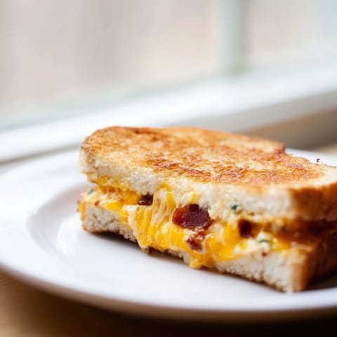 A close-up shows the melted jalapeño popper grilled cheese sandwich sliced diagonally, revealing spicy jalapeño flecks and bacon bits.