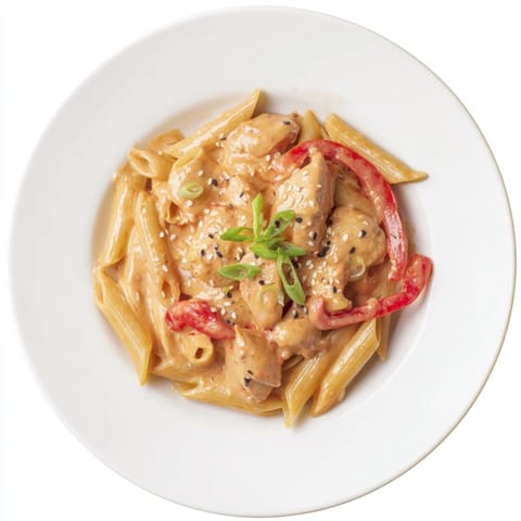 Fork twirling Sweet Chili Chicken Pasta coated in a glossy sweet chili cream sauce.