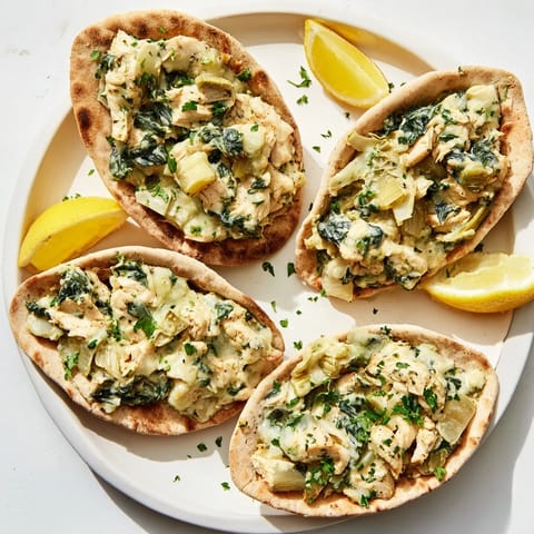 Warm, creamy spinach artichoke chicken stuffed pita pockets served with lemon wedges on a rustic plate.  