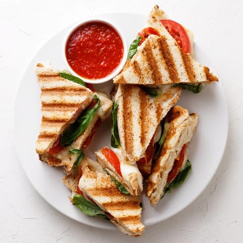 Close-up of golden, melty Caprese Grilled Cheese Dippers with fresh tomato and basil, served with warm marinara sauce for dipping.