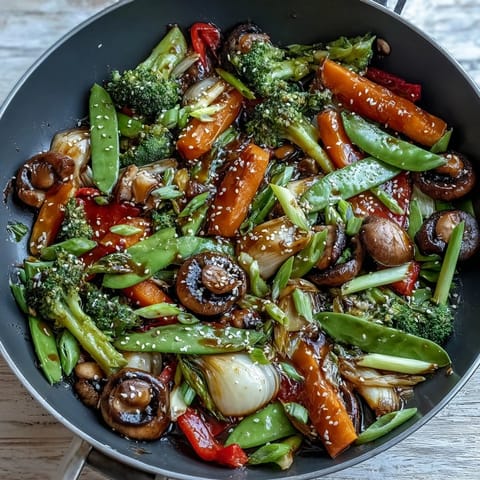 Crisp, colorful ginger stir-fried vegetables served hot, garnished with sesame seeds.