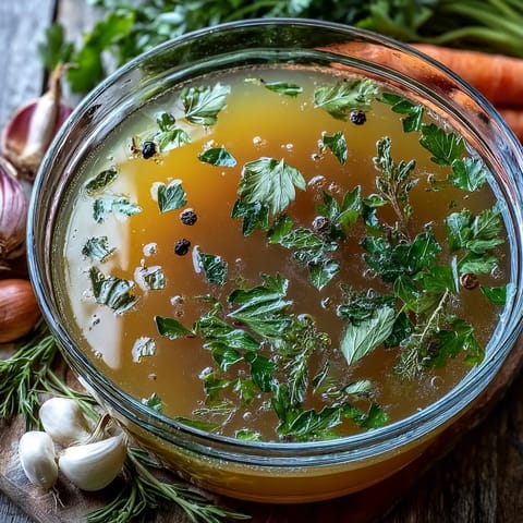 Golden vegetable broth from scraps, simmering with herbs, bright and flavorful.