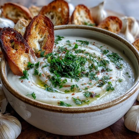 Creamy roasted garlic soup in a bowl, garnished with fresh parsley.