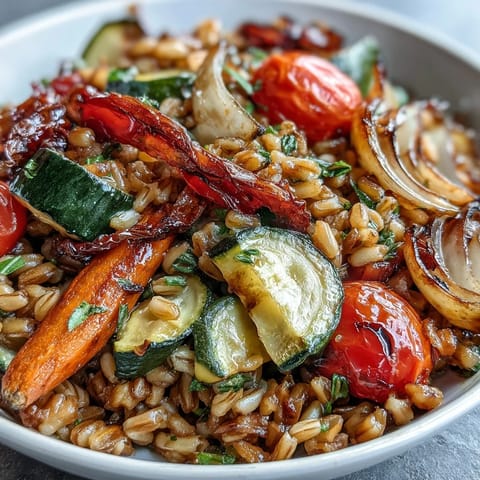 Vibrant farro with colorful roasted vegetables, perfect for weeknight dinners or meal prep.
