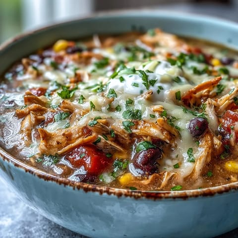 Homemade Instant Pot Chicken Tortilla Soup with tender shredded chicken, black beans, and vibrant veggies.