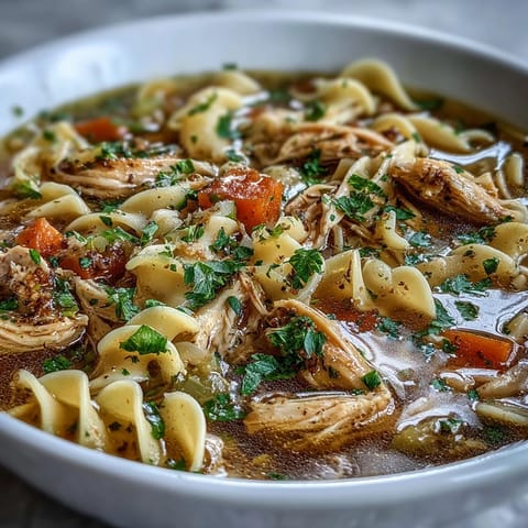 Hearty Instant Pot Chicken Noodle Soup topped with fresh parsley, served hot in a rustic bowl.