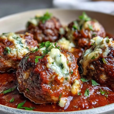 Golden-brown Cheesy, Garlicky Meatballs With Marinara piled in a skillet, oozing melted mozzarella and aromatic garlic.