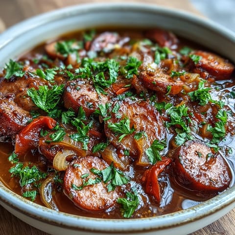 Slice smoky cocktail sausages and diced red peppers simmer in a tangy Crock Pot BBQ Cocktail Sausage Soup, served steaming hot with crusty bread.