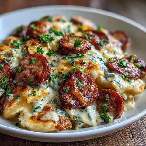 Crockpot Pierogi Casserole With Kielbasa is bubbling with golden cheddar and creamy sauce in a slow cooker.