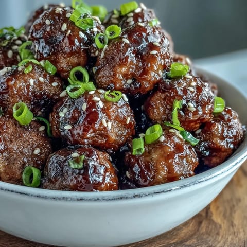 Crock pot sweet and sour meatballs simmering in a thick, tangy peach glaze, bubbling for a party appetizer.