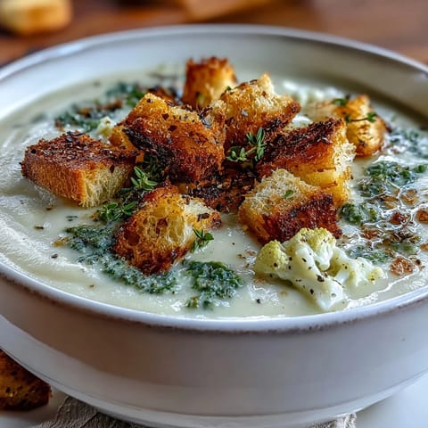 A bowl of creamy Cauliflower and Broccoli Soup served with artisan bread for dipping. 