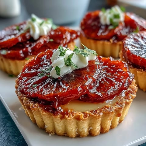 Six individual Blood Orange Tarts are arranged on a marble platter, ready to be served for a fancy dessert course.