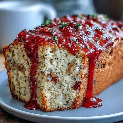 Freshly baked Blood Orange Loaf Cake, showing a moist crumb, ruby-red glaze, and poppy seeds on a rustic wooden table.