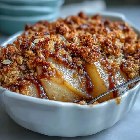 Warm homemade Pear Crumble with vanilla ice cream melting over juicy baked pears and crunchy oat topping.