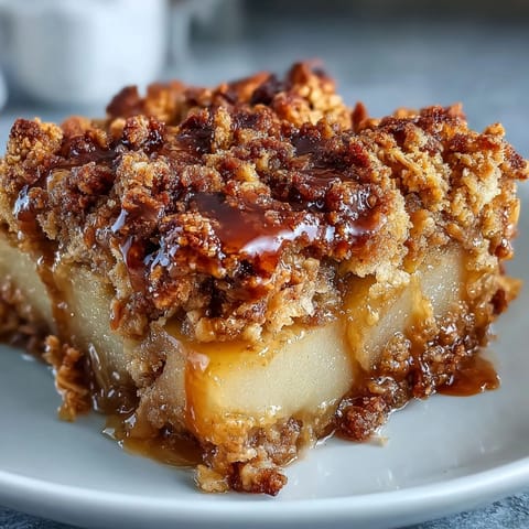 A thick golden crumble topping covers tender baked pears in this comforting British dessert, served bubbling from the oven.