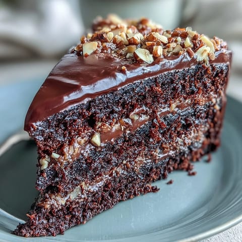 Close-up of a Chocolate Celebration Cake slice showing moist crumb, glossy ganache, and crunchy hazelnut praline garnish.