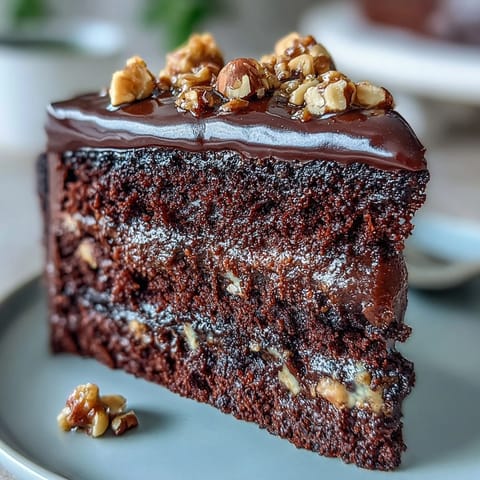 A tall Chocolate Celebration Cake with layered ganache and hazelnut praline shards, perfect for birthday or holiday dessert tables.