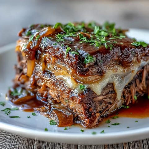 Savory Crock Pot French Onion Pot Roast simmers to fork-tender perfection, swimming in rich beef and wine jus.