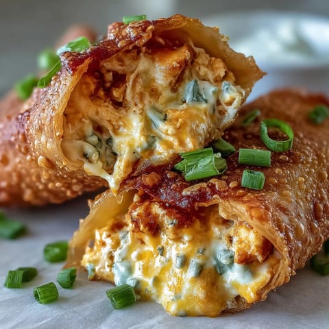 Golden, crunchy egg rolls stuffed with creamy, spicy Buffalo chicken dip and melted cheddar cheese.