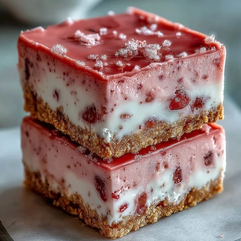 Slices of No-Bake Strawberry Fudge Squares arranged on a white plate, garnished with fresh strawberry slices for a perfect dessert serving suggestion.