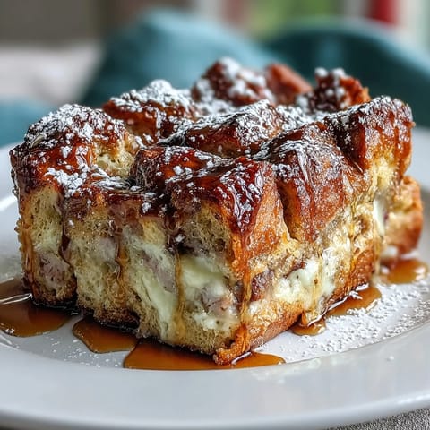 Golden-brown Monte Cristo Breakfast Casserole fresh from the oven, dusted with powdered sugar and ready for maple syrup.