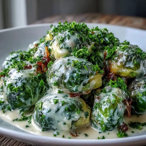 Garnished with fresh parsley, these Brussels Sprouts in Cream Cheese-Mustard Sauce are served warm in a creamy Dijon glaze.