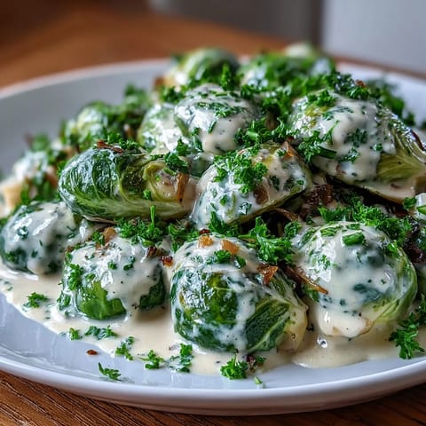Sautéed Brussels Sprouts in Cream Cheese-Mustard Sauce on a rustic plate with a rich, velvety sauce for a comforting side.
