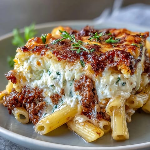 Cottage Cheese Protein Pasta Bake with Ground Beef, fresh from the oven, features golden, bubbling mozzarella topping a hearty skillet of beef and tomato sauce.