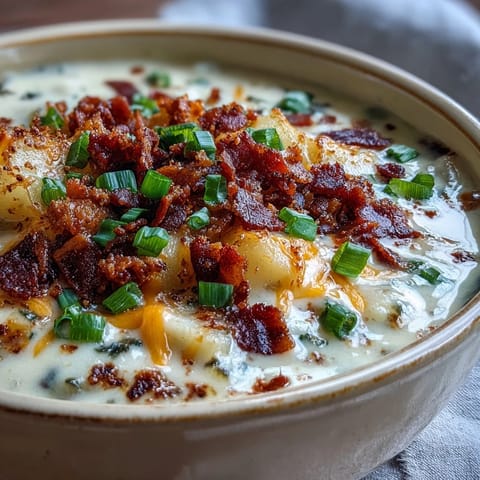 Thick, creamy Loaded Potato Soup topped with crispy bacon crumbles, shredded cheddar, and fresh green onions served in a rustic bowl.