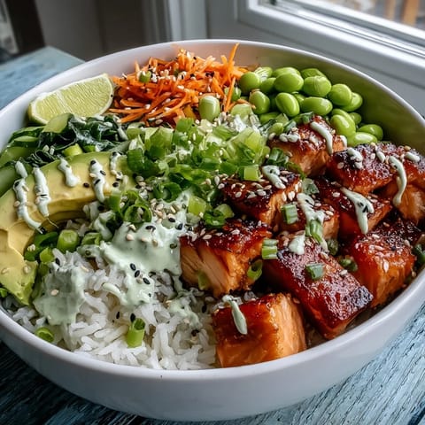 Golden-brown broiled salmon cubes rest on fluffy white rice beside crisp cucumber, shredded carrots, and creamy avocado slices in this vibrant Baked Salmon Rice Bowl.