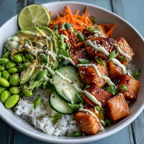 Edamame and green onions garnish the Baked Salmon Rice Bowl, drizzled with spicy sriracha mayo and served with lime wedges for a zest.