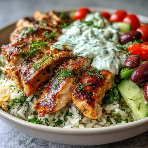 Juicy Greek-seasoned chicken slices rest on herbed rice, topped with tomato-cucumber salad, olives, and creamy tzatziki.