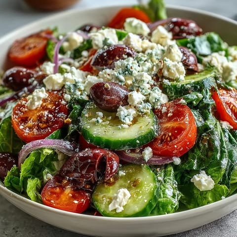 Freshly tossed Greek Salad Bowl with crisp romaine, juicy tomatoes, cucumber, and creamy feta cheese topped with briny Kalamata olives.