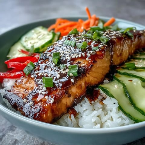 Soy-ginger glazed salmon rests on fluffy rice with crisp veggies and sesame seeds in this Asian-Inspired Salmon Bowl.