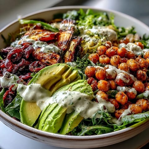 A close-up of creamy hummus and zesty tahini dressing drizzled over a colorful Vegan Mediterranean Buddha Bowl.