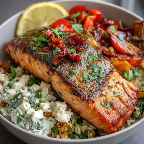 Pan-seared salmon fillet with crispy rice, fresh cilantro, and sun-dried tomatoes in a Mediterranean Salmon Bowl.