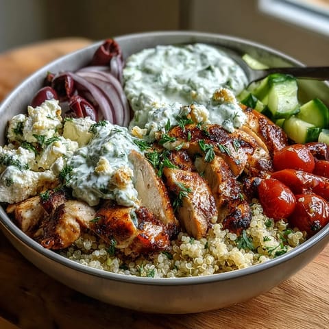 Freshly grilled lemon-herb chicken slices rest over fluffy quinoa in a Greek Chicken Power Bowl, topped with crisp cucumber, cherry tomatoes, red onion, and creamy tzatziki.